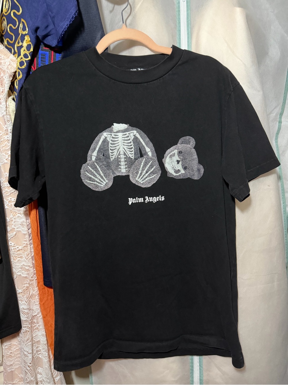 Palm Angels Black Tee with Grey Skeleton Bear Graphic